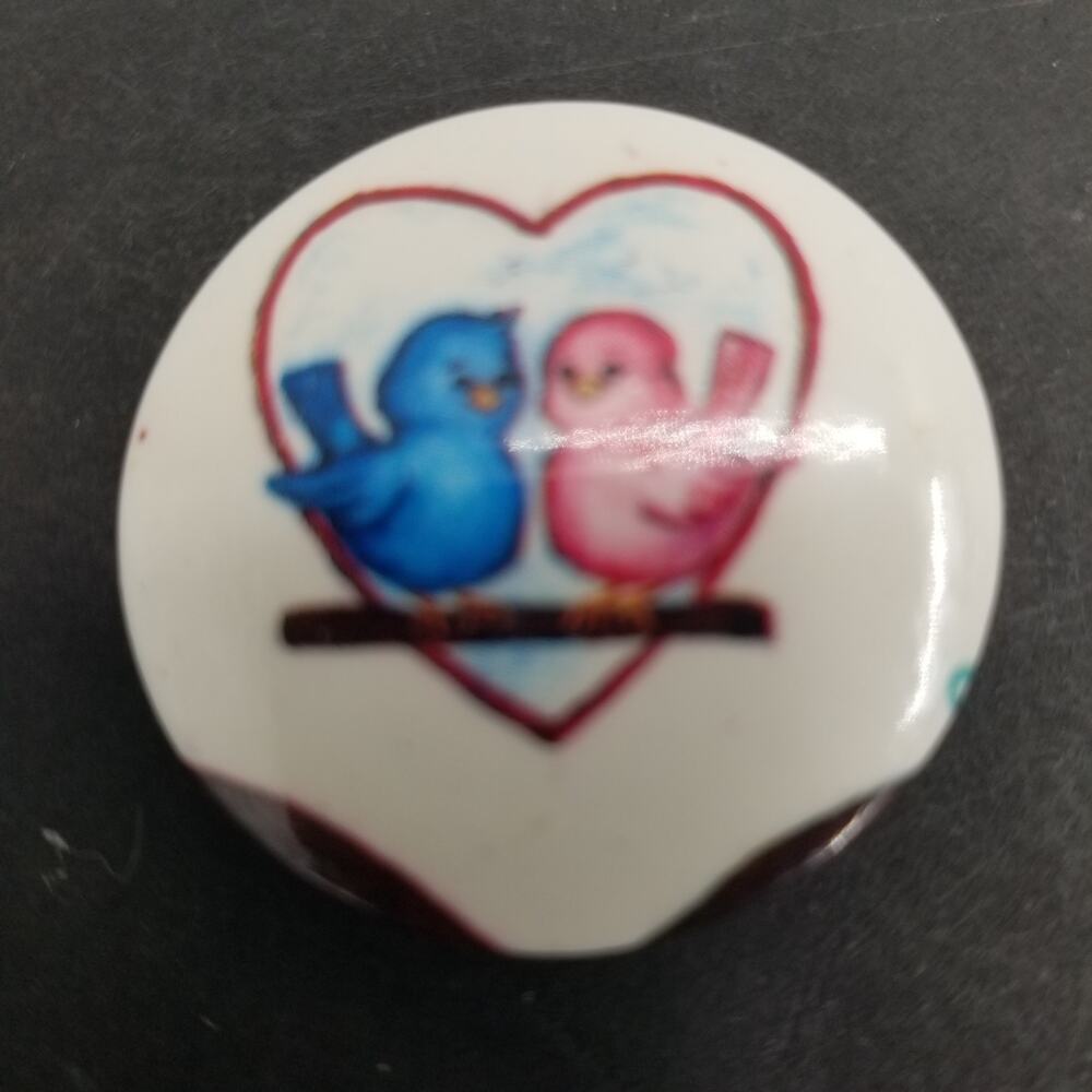 Vintage Metal Button Pin Lovebirds Blue Pink Brooch Costume Jewelry
